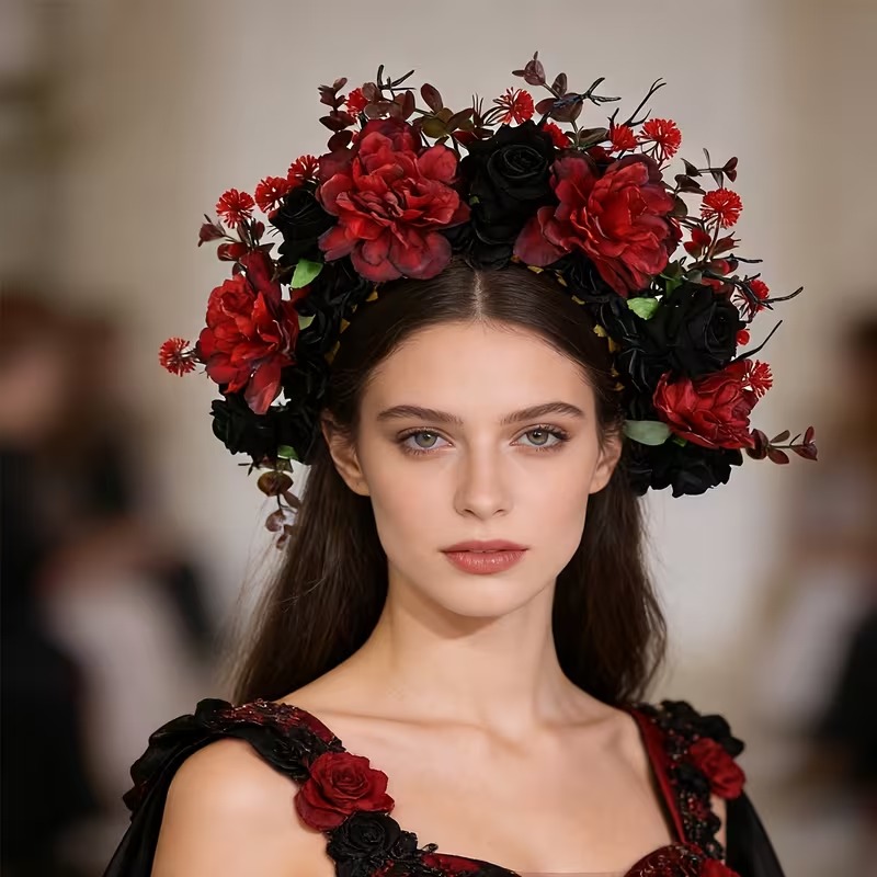 Black and Red Baroque Floral Headband